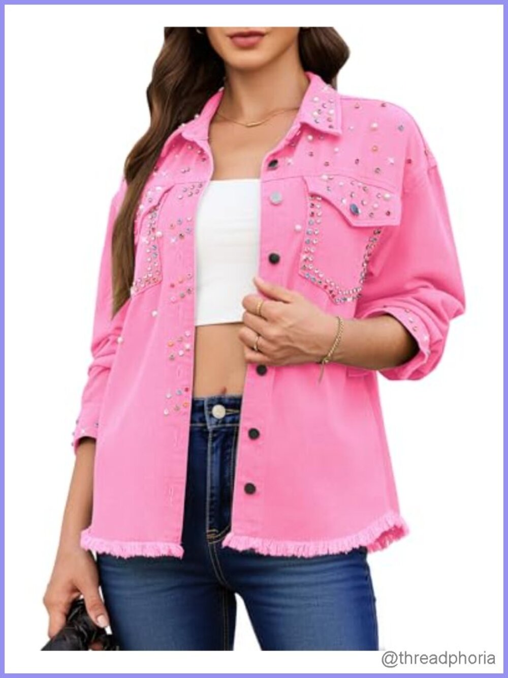 Rhinestone Pearl Embellished Denim Jacket Frayed Hem Oversized